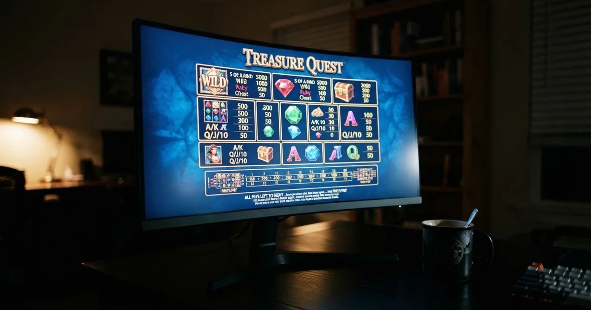 A slot machine's paytable screen glowing on a monitor in a dim room.