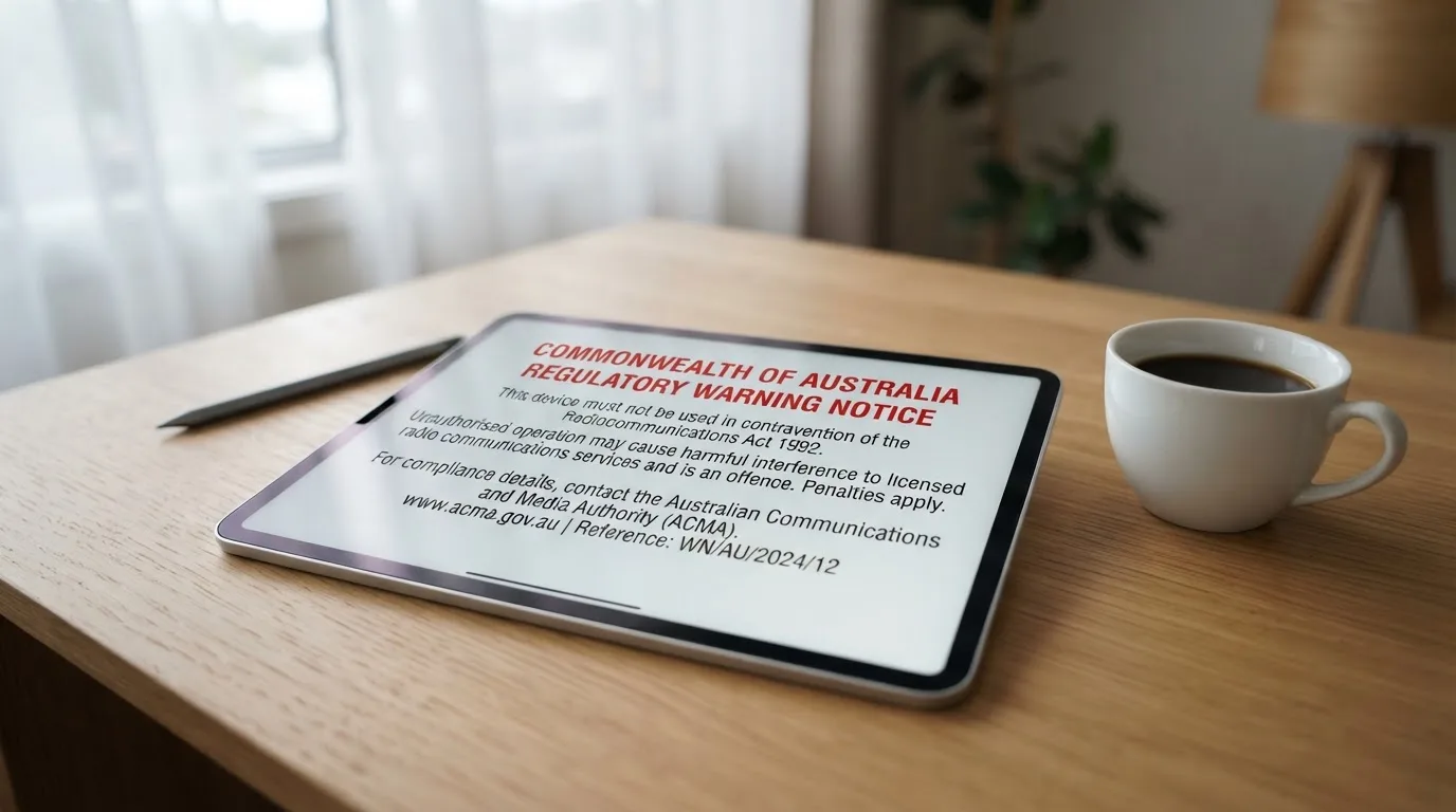 A tablet screen displaying an official regulator warning notice on a desk beside a coffee cup.