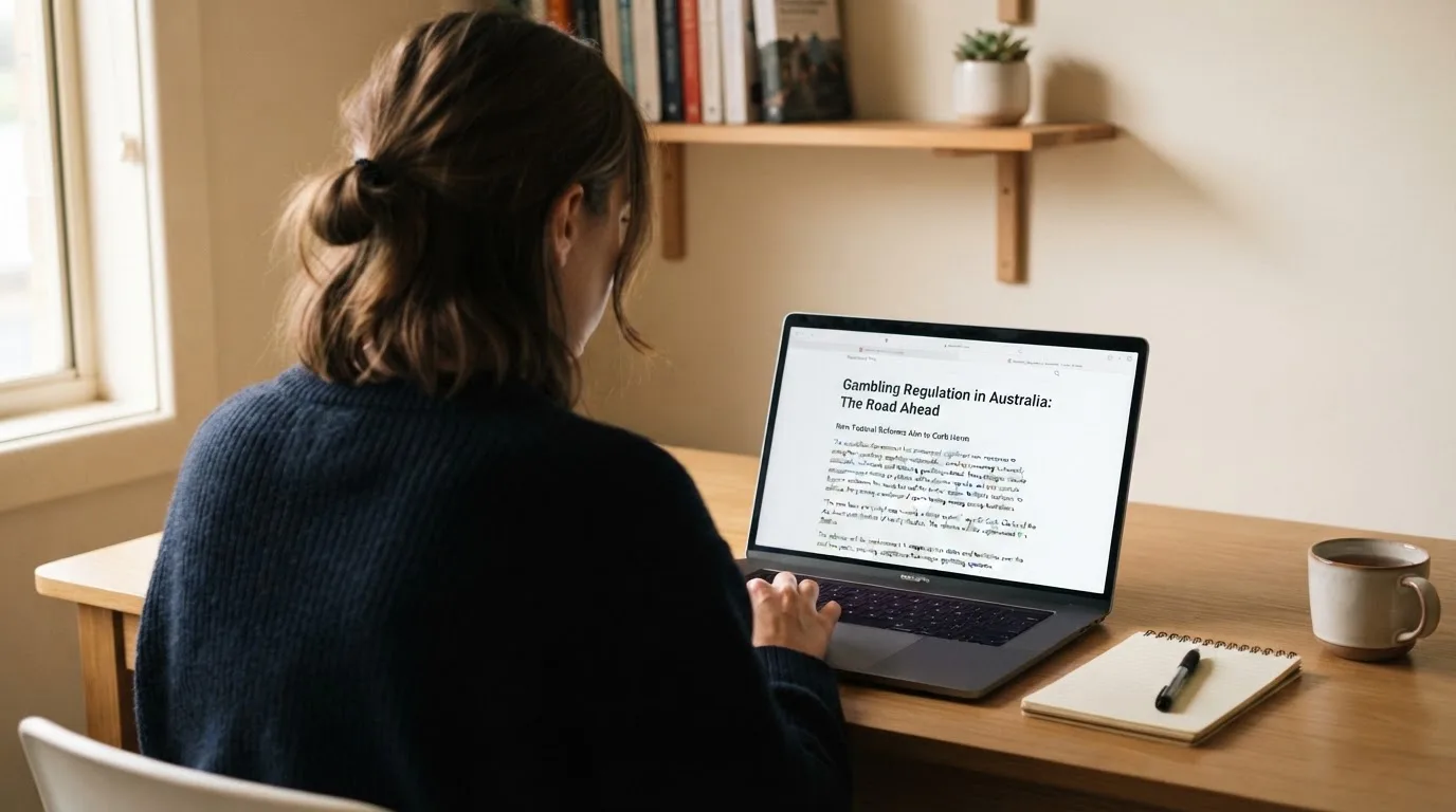A person at a laptop reading a plain-language explainer article at a home desk.