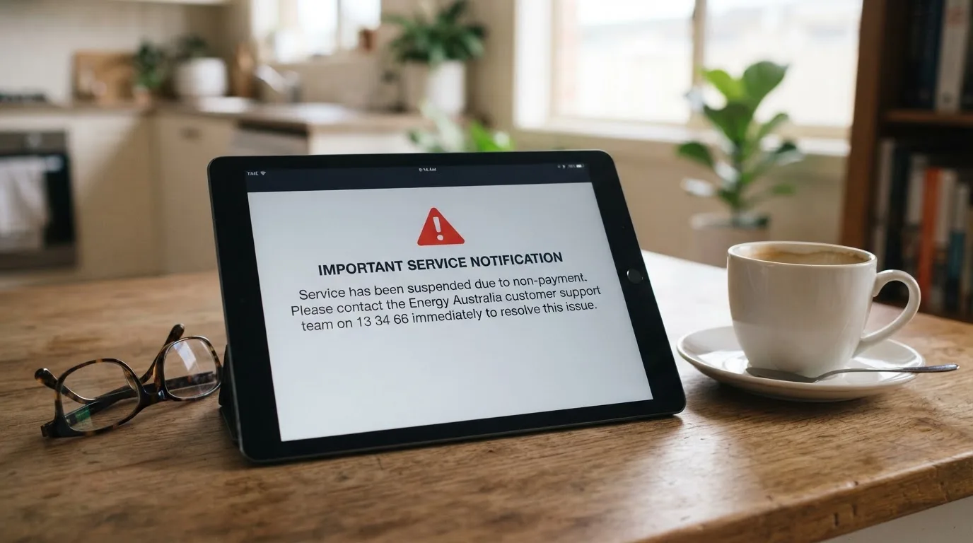 A tablet screen displaying an official regulator warning notice on a desk beside a coffee cup.