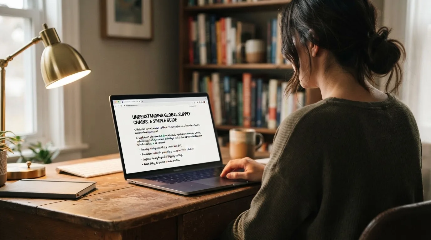 A person at a laptop reading a plain-language explainer article at a home desk.