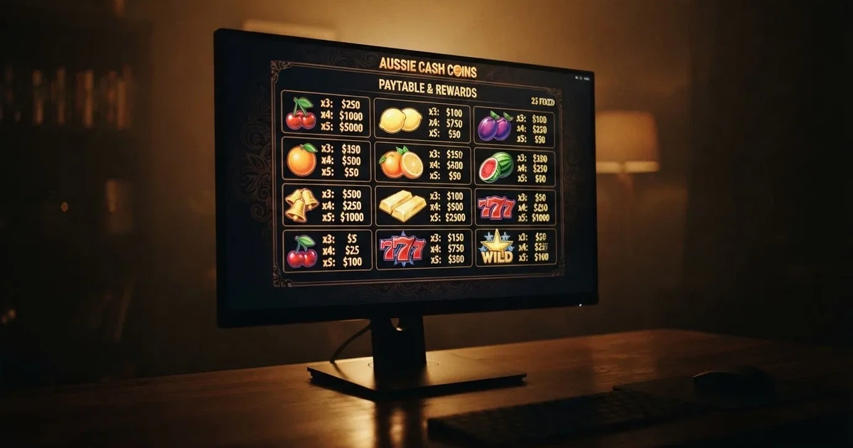 A slot machine's paytable screen glowing on a monitor in a dim room.