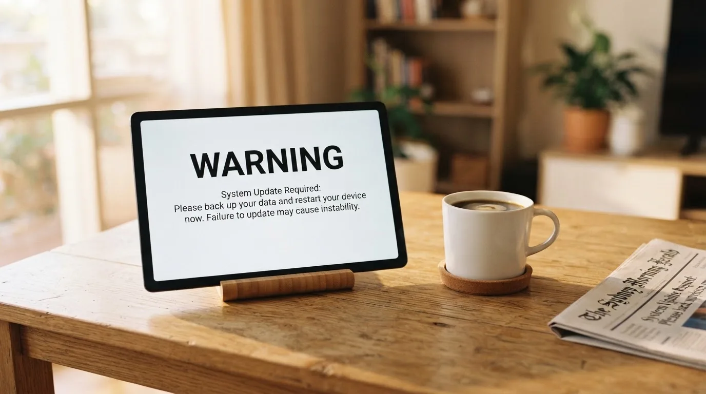 A tablet screen displaying an official regulator warning notice on a desk beside a coffee cup.