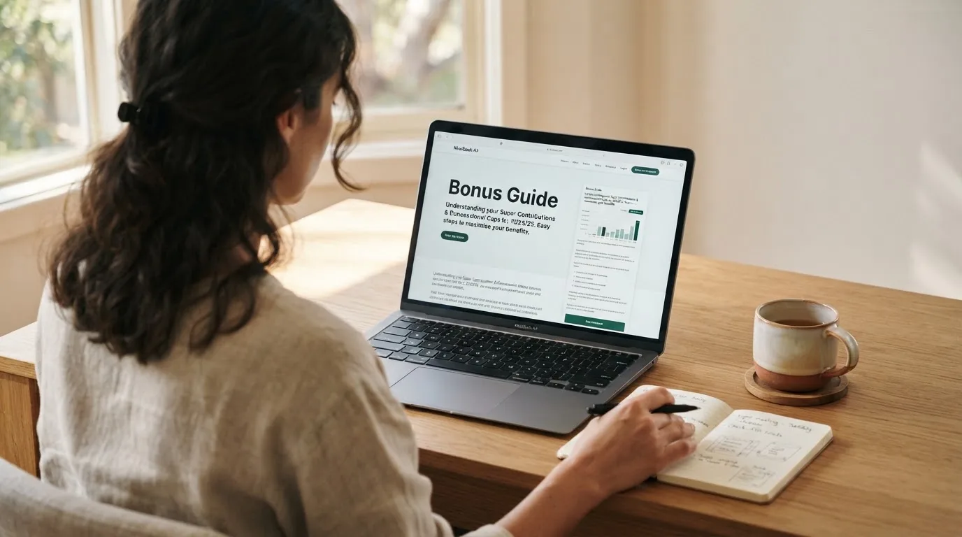 A person at a laptop reading a plain-language explainer article at a home desk.
