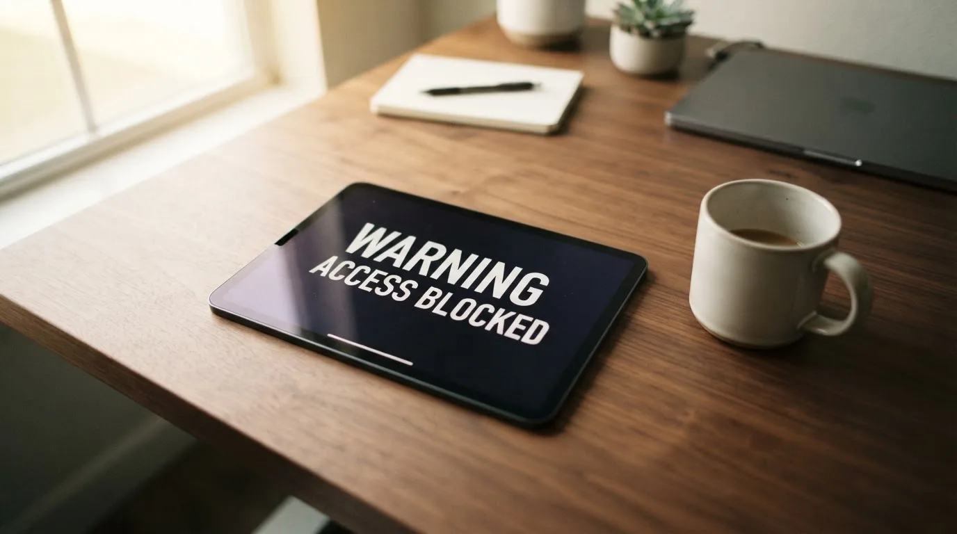 A tablet screen displaying an official regulator warning notice on a desk beside a coffee cup.