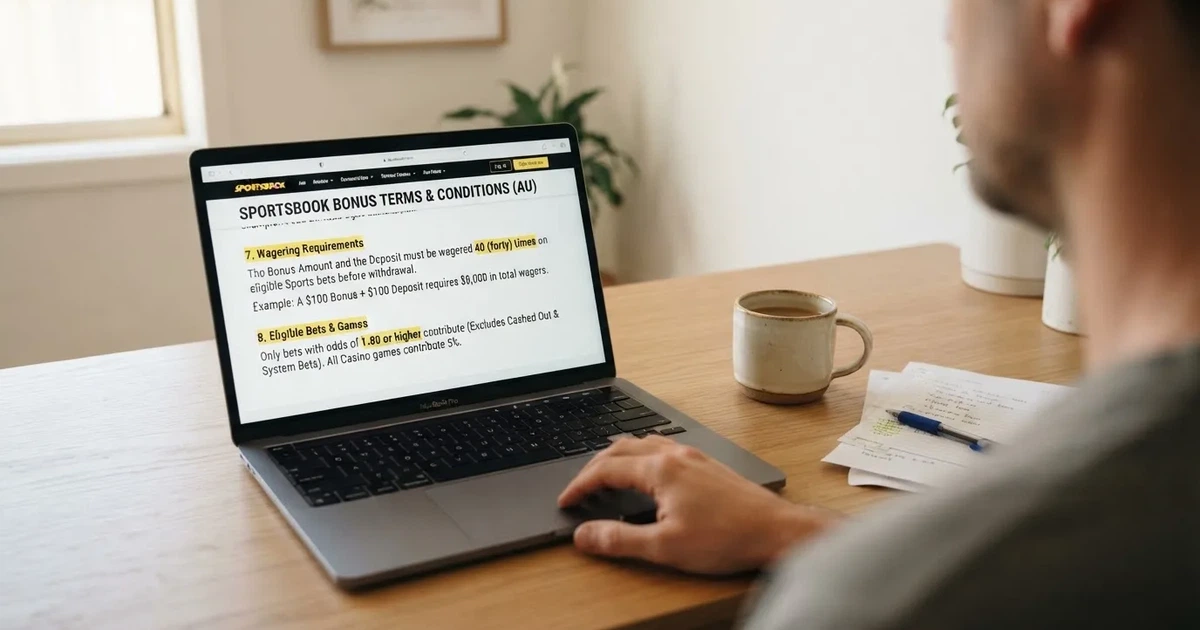 A laptop screen showing a terms-and-conditions page with wagering requirements highlighted.
