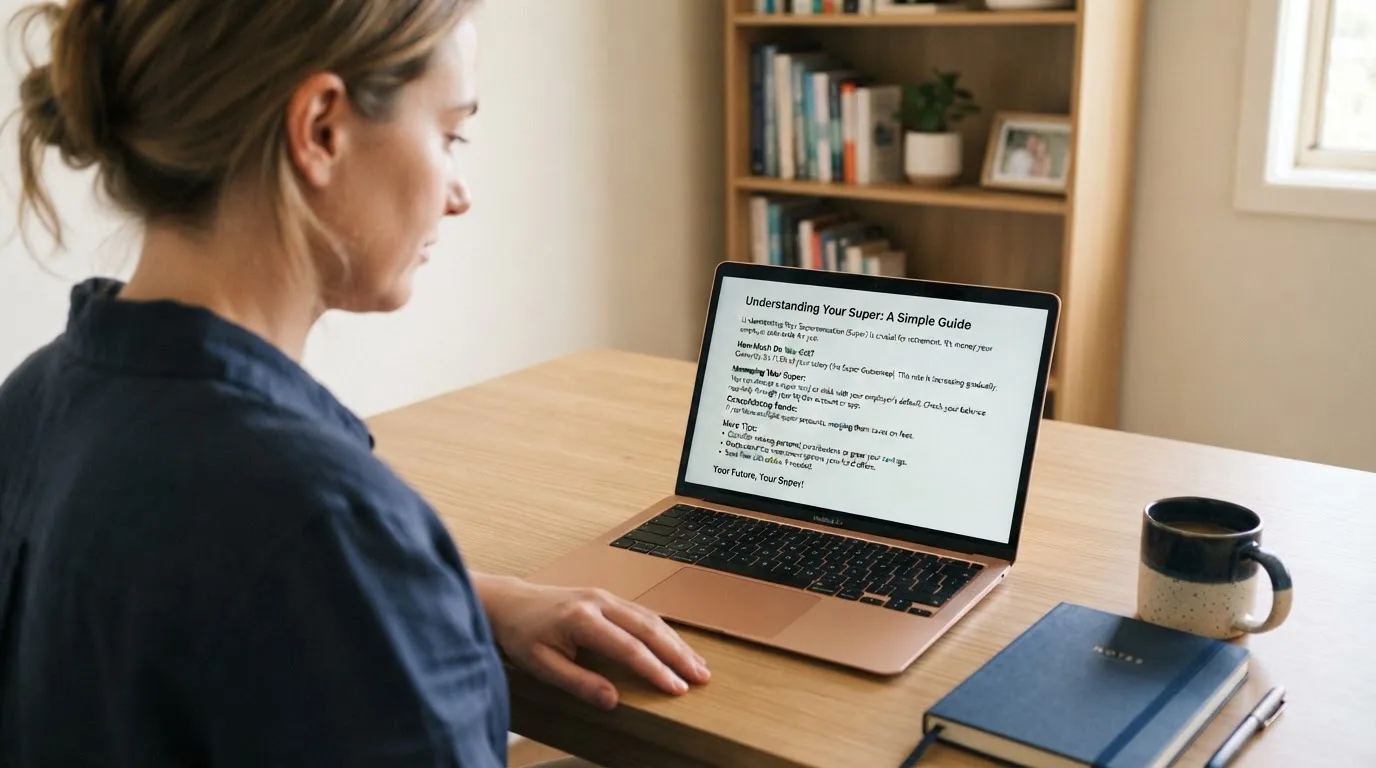 A person at a laptop reading a plain-language explainer article at a home desk.