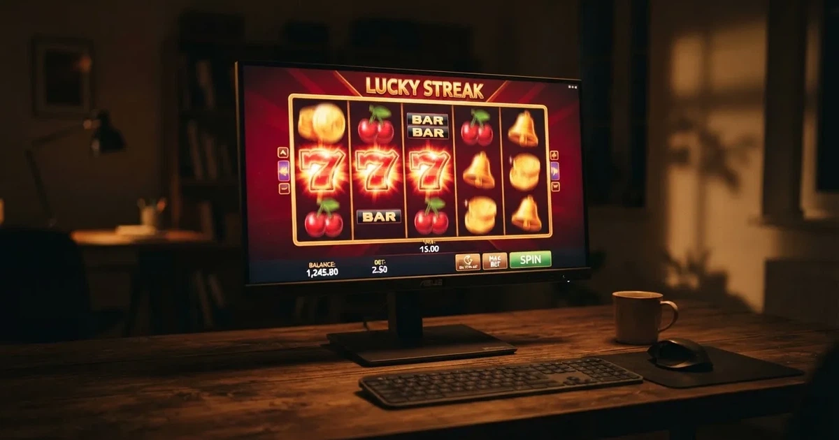 A slot machine's paytable screen glowing on a monitor in a dim room.