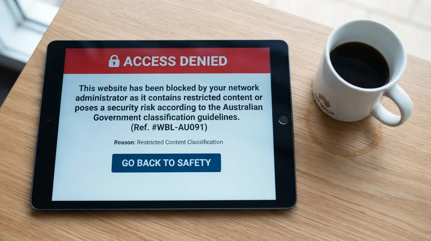 A tablet screen displaying an official regulator warning notice on a desk beside a coffee cup.