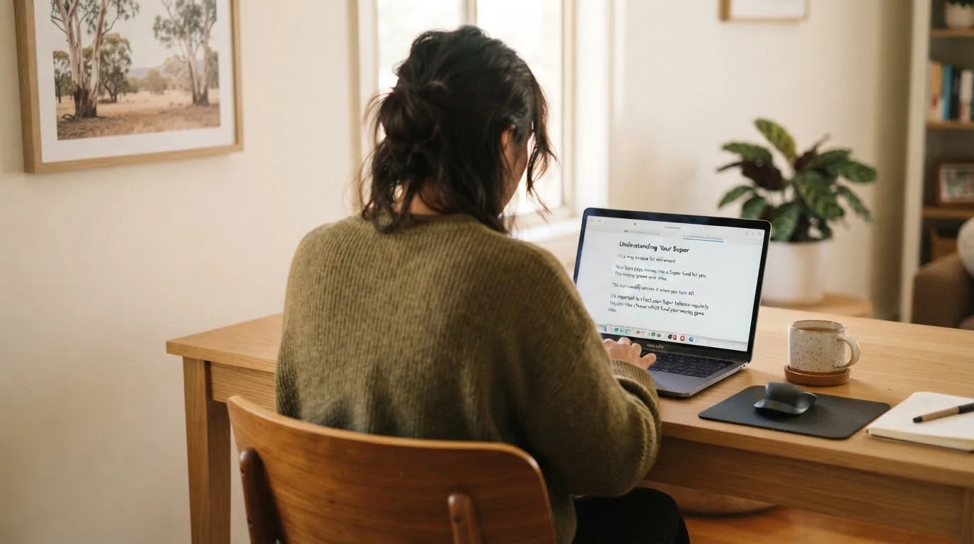 A person at a laptop reading a plain-language explainer article at a home desk.
