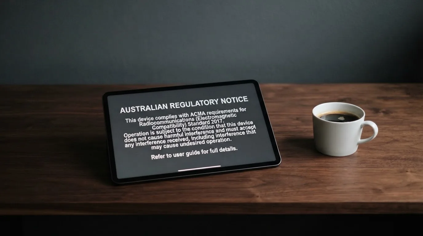 A tablet screen displaying an official regulator warning notice on a desk beside a coffee cup.