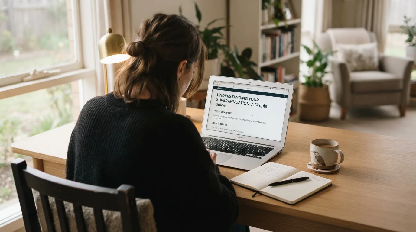 A person at a laptop reading a plain-language explainer article at a home desk.