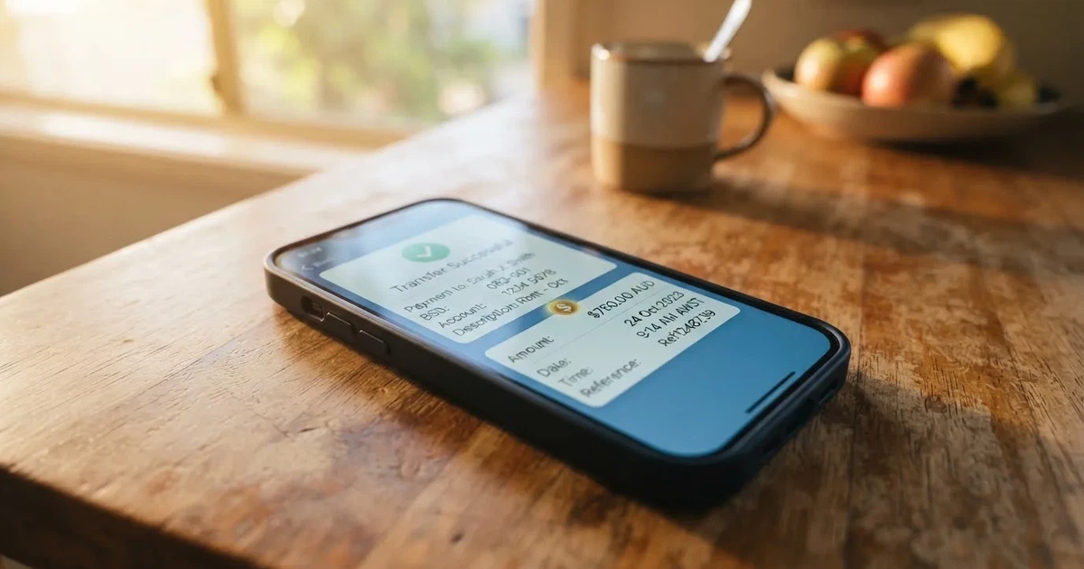 A close-up of a banking app on a smartphone showing a same-day transfer confirmation on a kitchen table.
