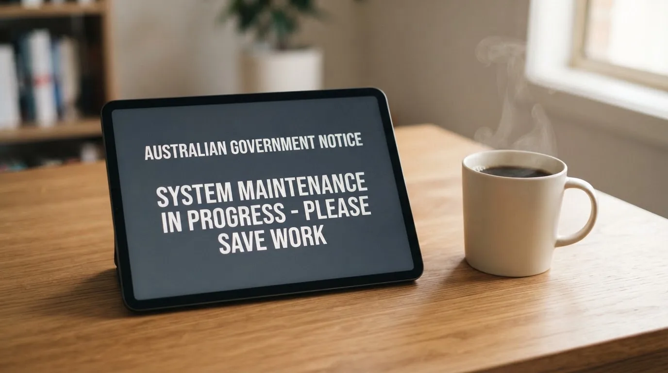 A tablet screen displaying an official regulator warning notice on a desk beside a coffee cup.