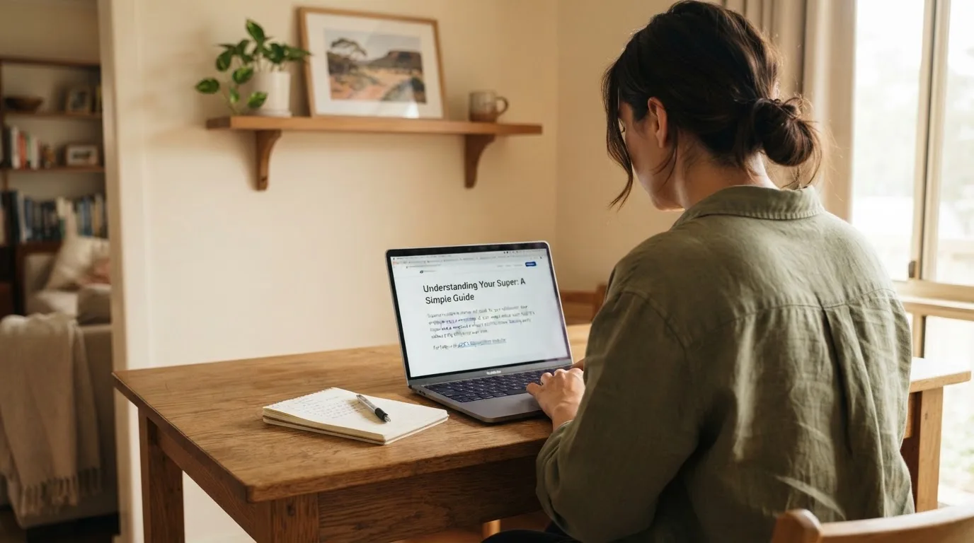 A person at a laptop reading a plain-language explainer article at a home desk.