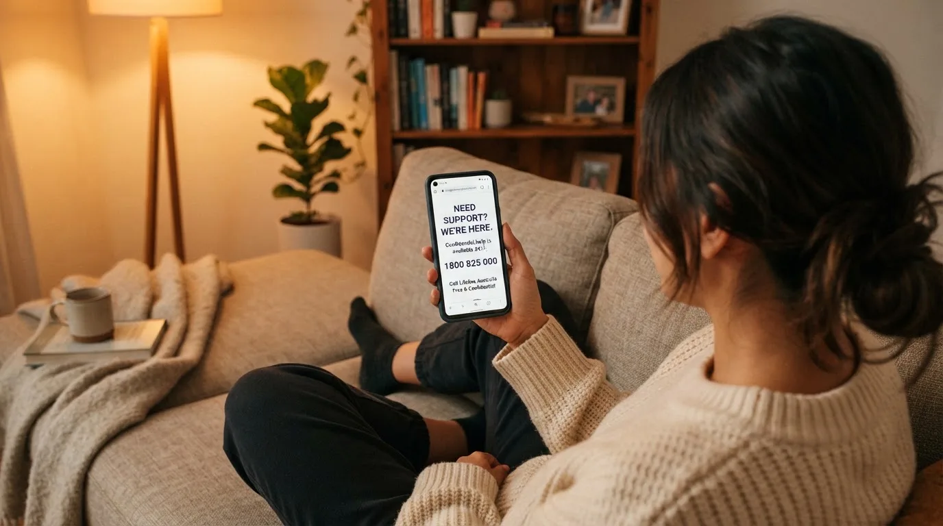 A person looking at a support helpline page on a phone while sitting on a couch.