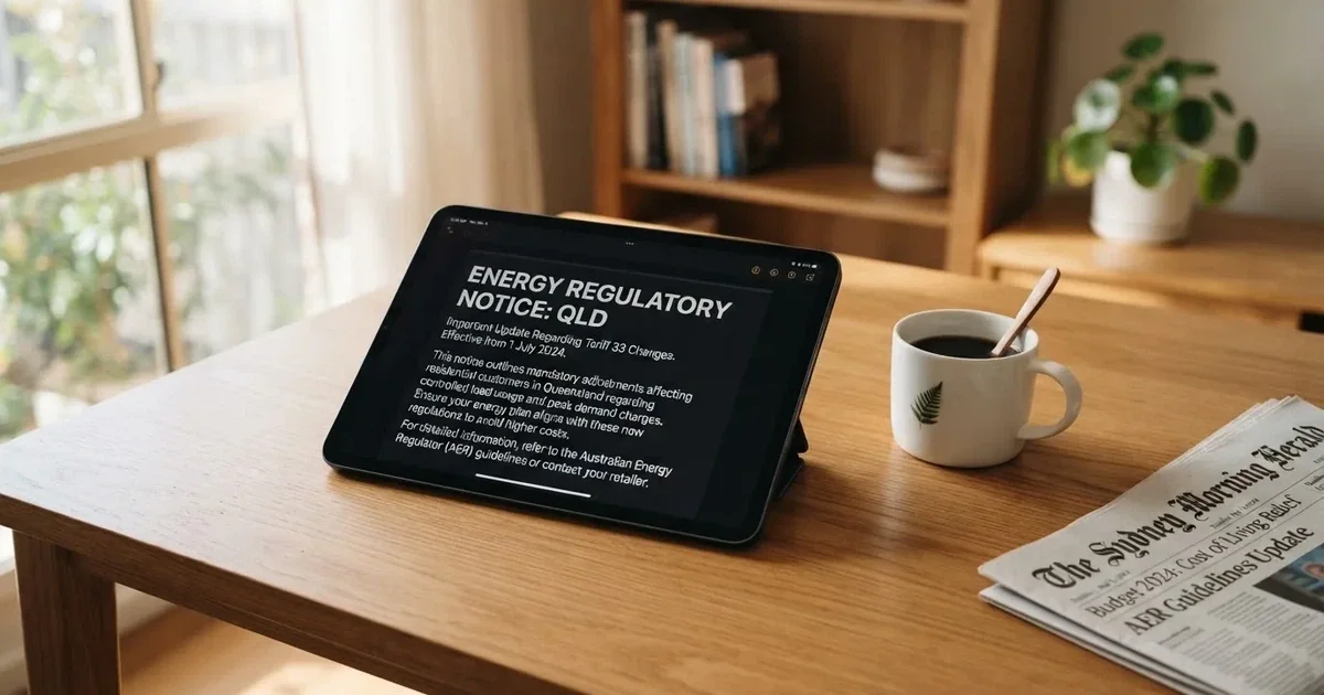 A tablet screen displaying an official regulator warning notice on a desk beside a coffee cup.