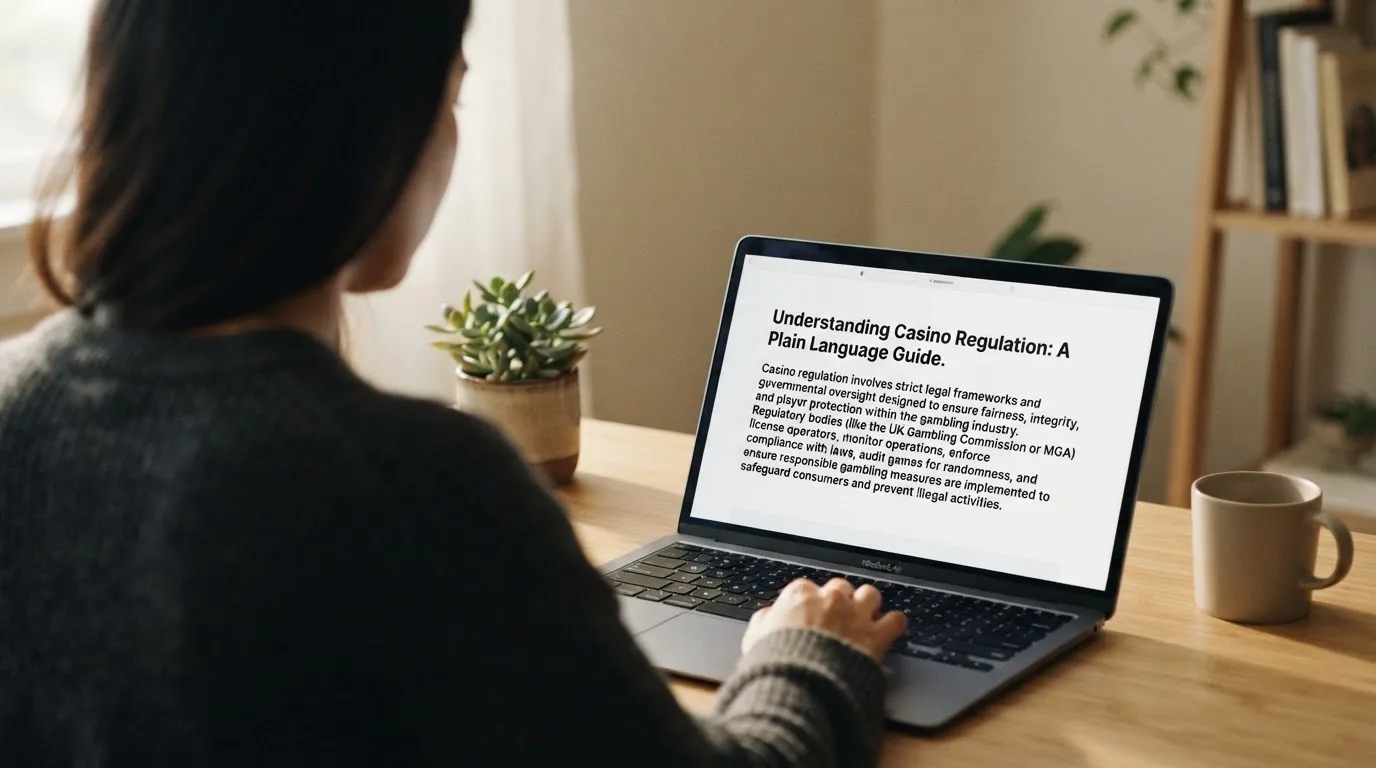 A person at a laptop reading a plain-language explainer article at a home desk.