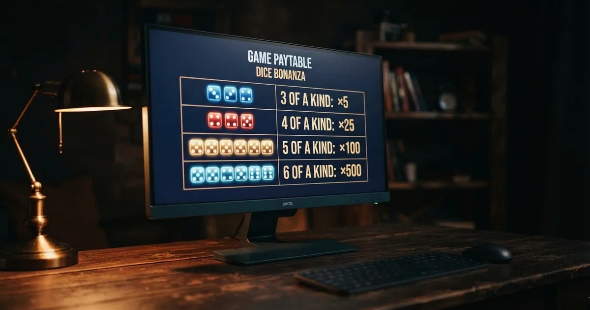 A slot machine's paytable screen glowing on a monitor in a dim room.