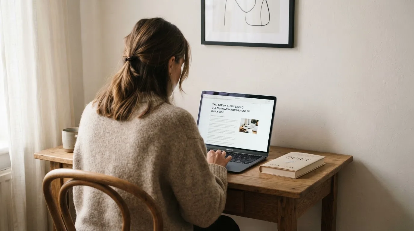 A person at a laptop reading a plain-language explainer article at a home desk.