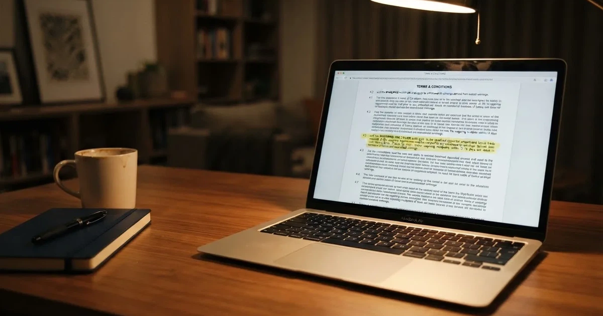 A laptop screen showing a terms-and-conditions page with wagering requirements highlighted.