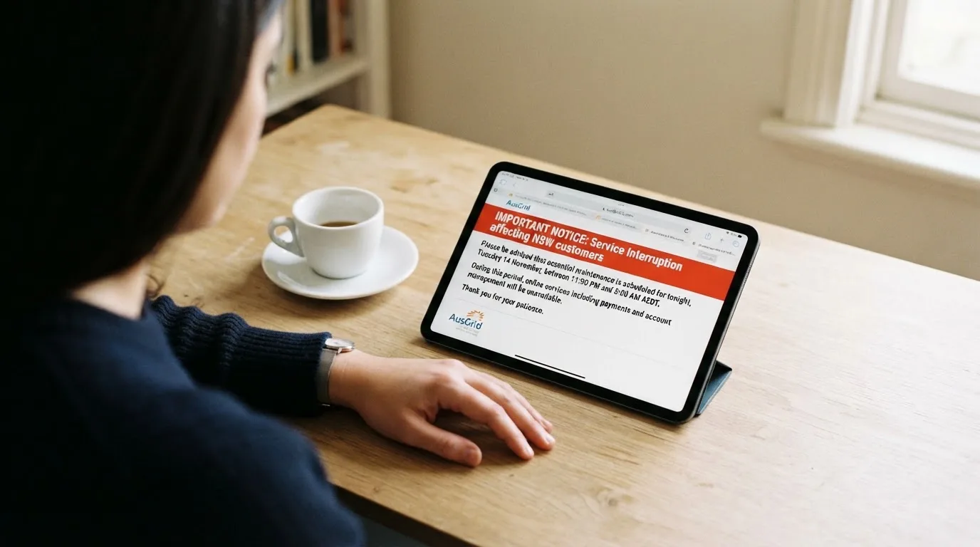 A tablet screen displaying an official regulator warning notice on a desk beside a coffee cup.