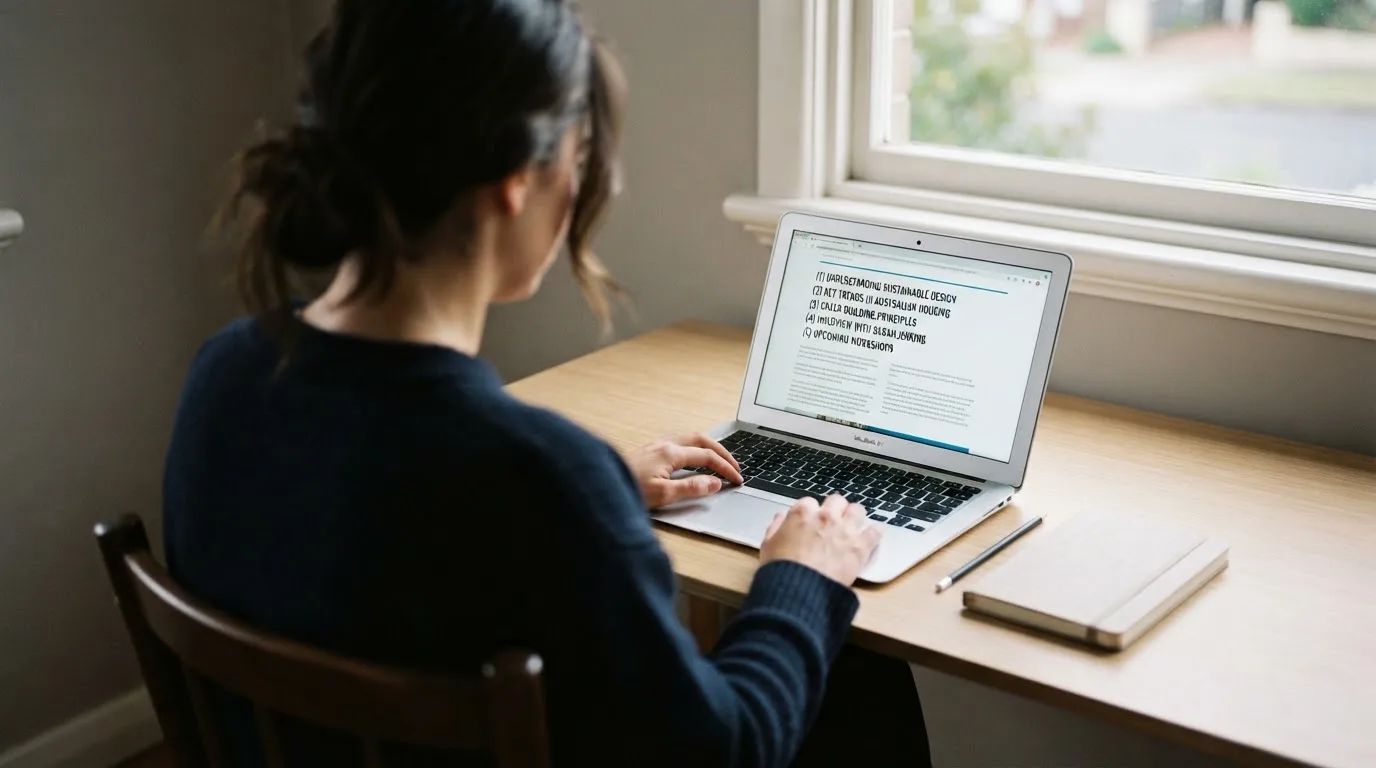A person at a laptop reading a plain-language explainer article at a home desk.
