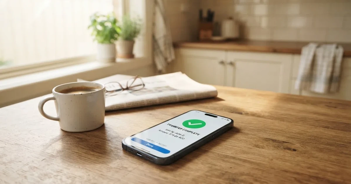 A close-up of a banking app on a smartphone showing a same-day transfer confirmation on a kitchen table.