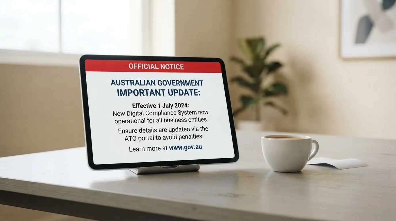 A tablet screen displaying an official regulator warning notice on a desk beside a coffee cup.