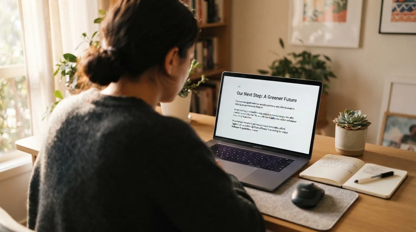 A person at a laptop reading a plain-language explainer article at a home desk.