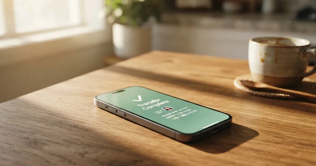 A close-up of a banking app on a smartphone showing a same-day transfer confirmation on a kitchen table.