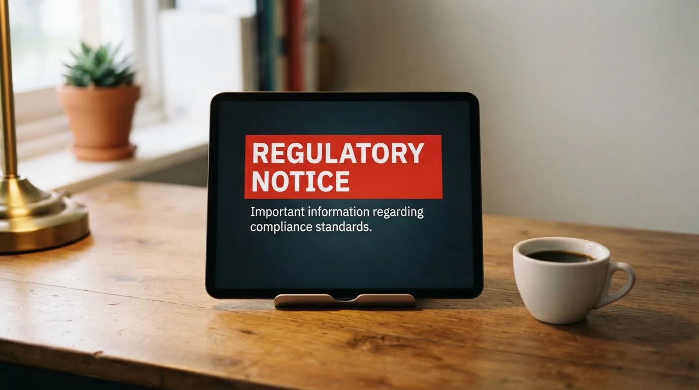 A tablet screen displaying an official regulator warning notice on a desk beside a coffee cup.