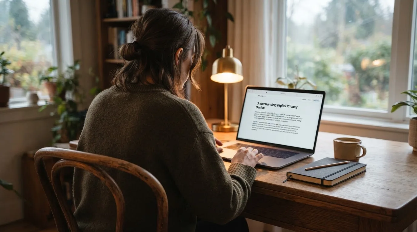 A person at a laptop reading a plain-language explainer article at a home desk.