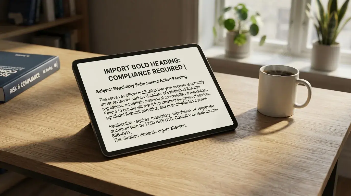 A tablet screen displaying an official regulator warning notice on a desk beside a coffee cup.
