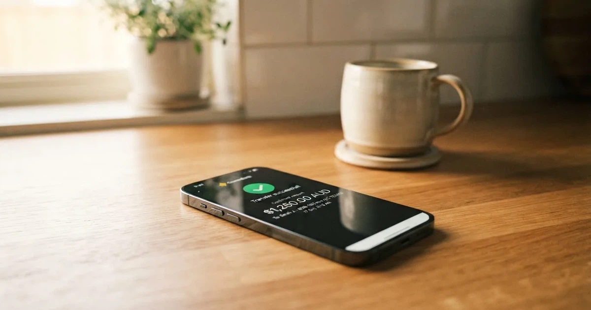 A close-up of a banking app on a smartphone showing a same-day transfer confirmation on a kitchen table.