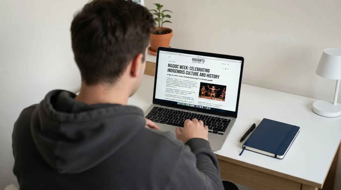 A person at a laptop reading a plain-language explainer article at a home desk.