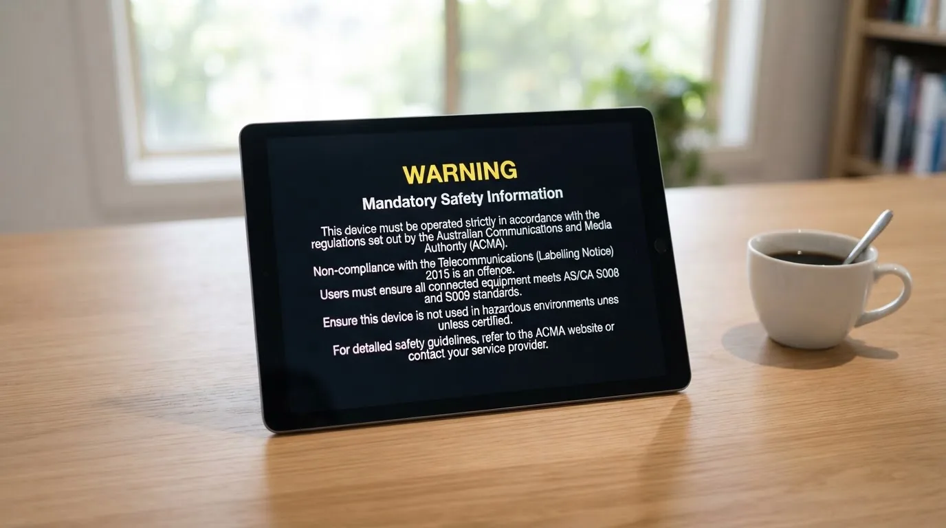 A tablet screen displaying an official regulator warning notice on a desk beside a coffee cup.