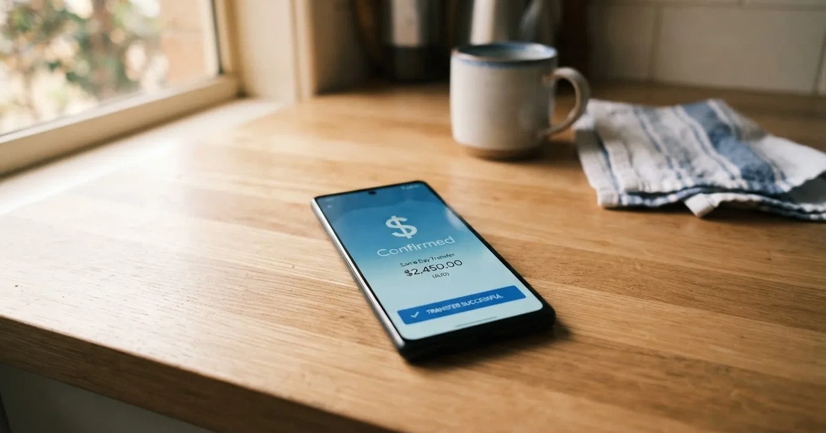 A close-up of a banking app on a smartphone showing a same-day transfer confirmation on a kitchen table.