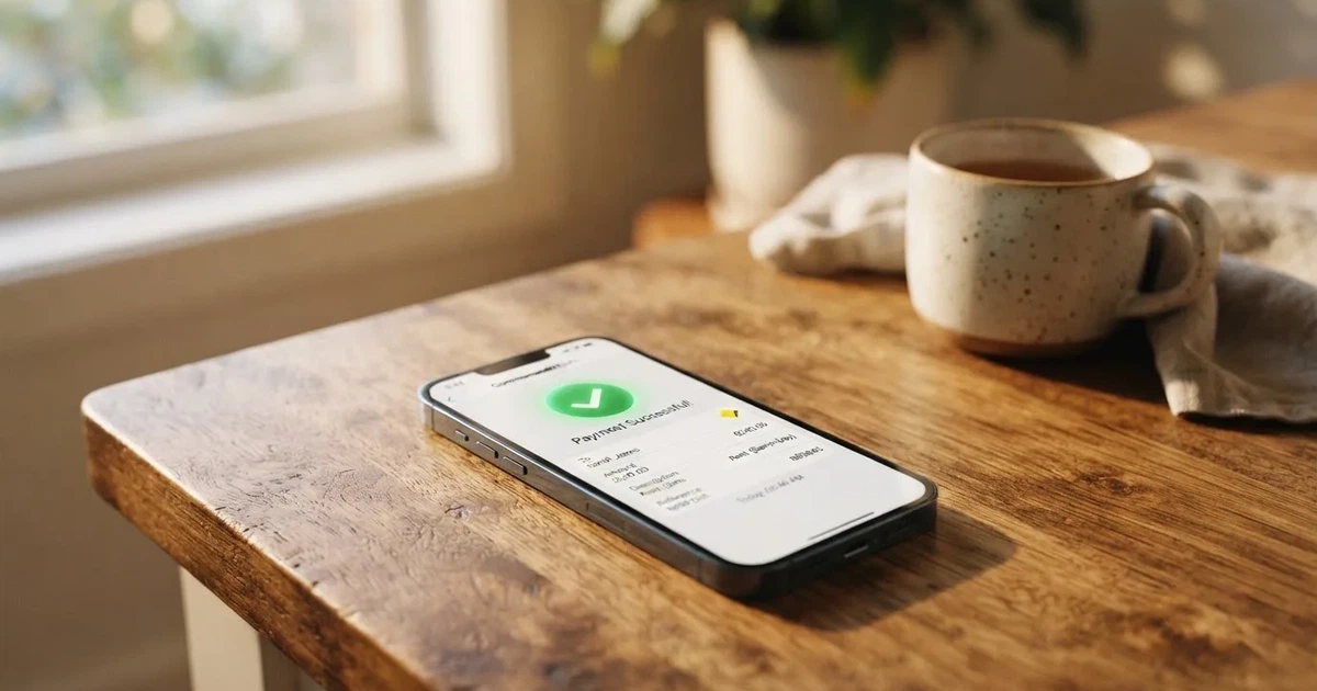 A close-up of a banking app on a smartphone showing a same-day transfer confirmation on a kitchen table.