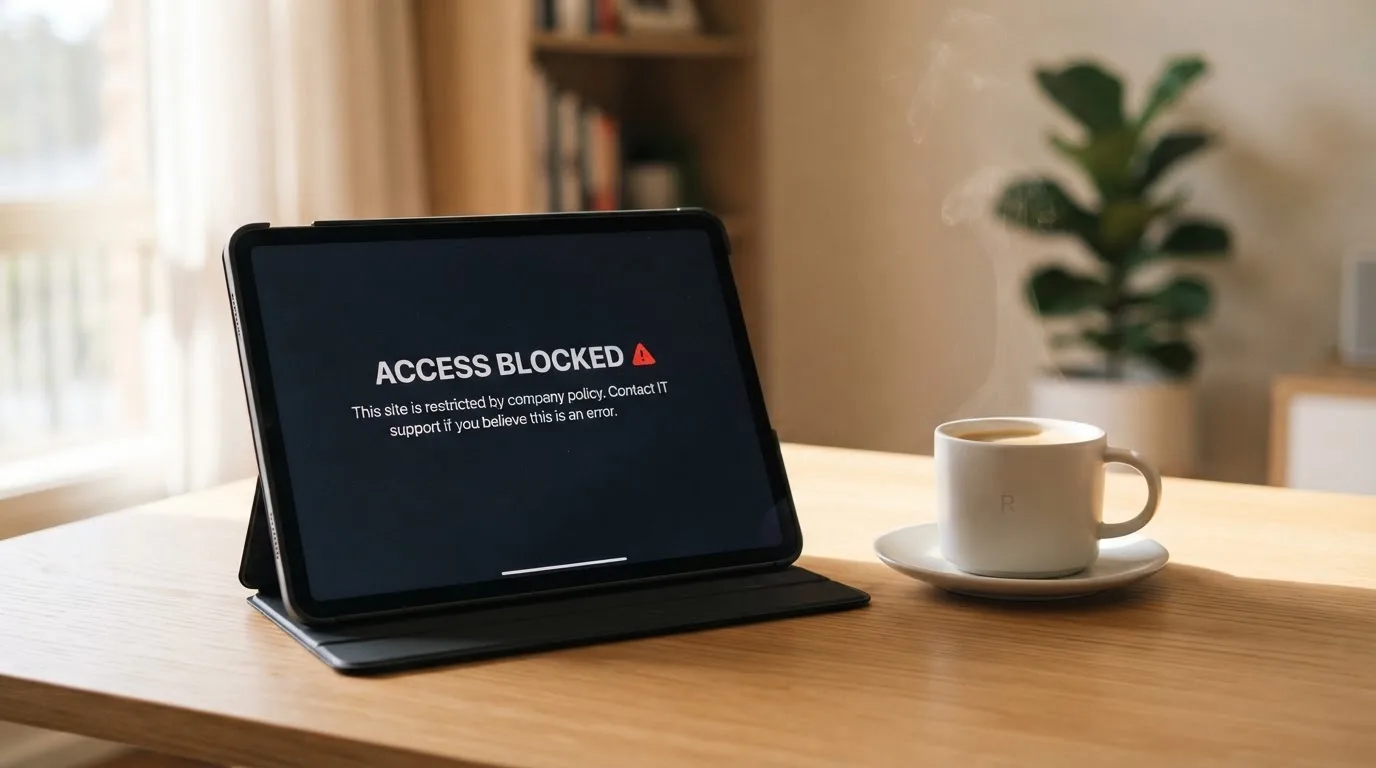 A tablet screen displaying an official regulator warning notice on a desk beside a coffee cup.
