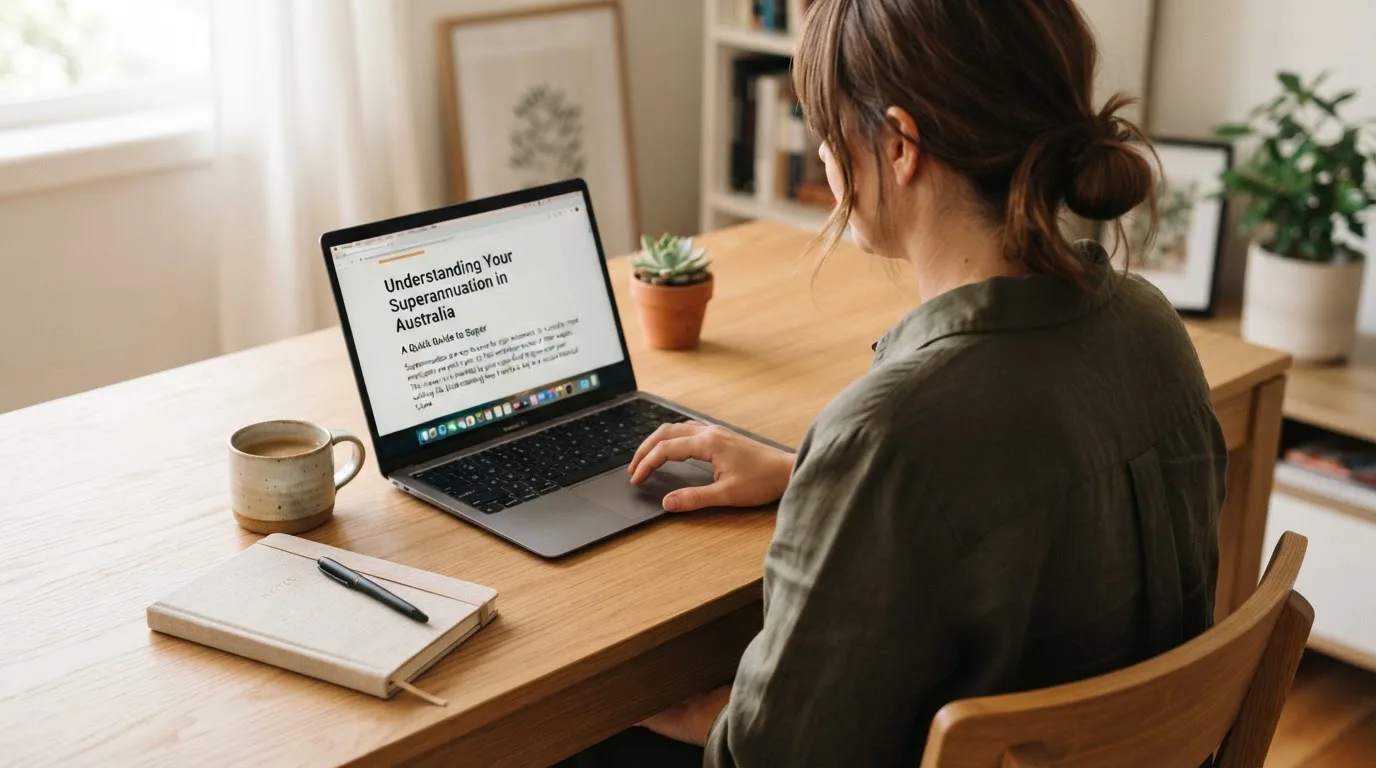 A person at a laptop reading a plain-language explainer article at a home desk.