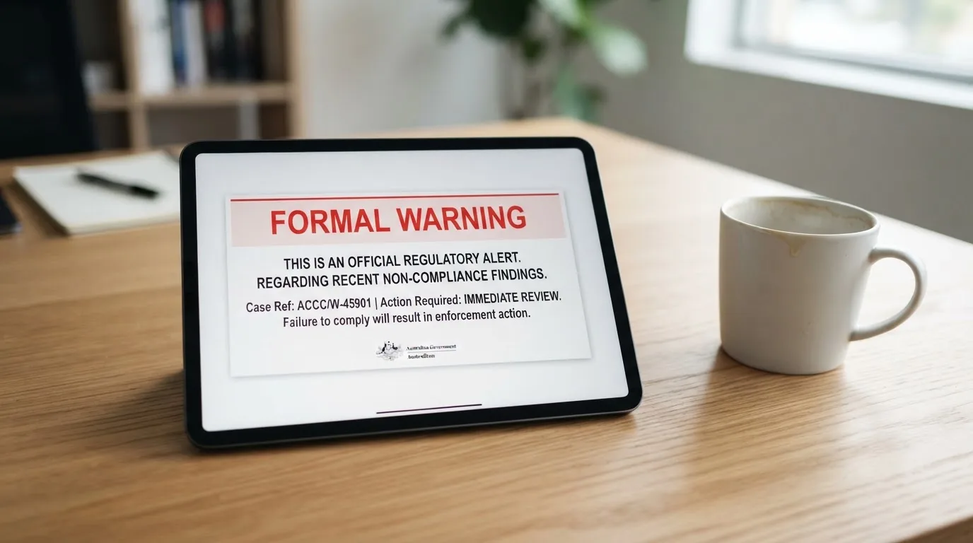 A tablet screen displaying an official regulator warning notice on a desk beside a coffee cup.