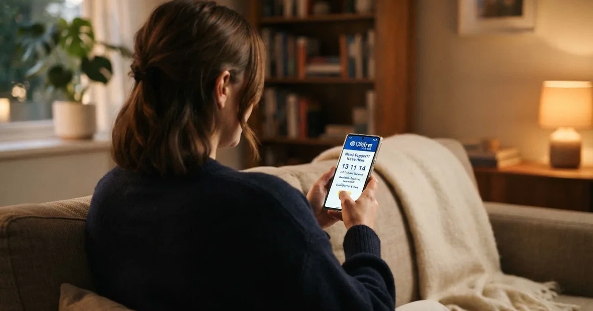 A person looking at a support helpline page on a phone while sitting on a couch.