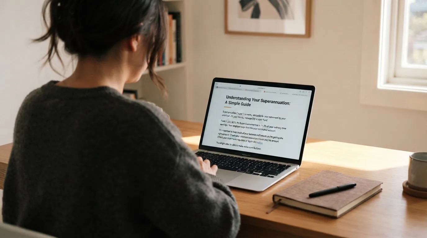A person at a laptop reading a plain-language explainer article at a home desk.