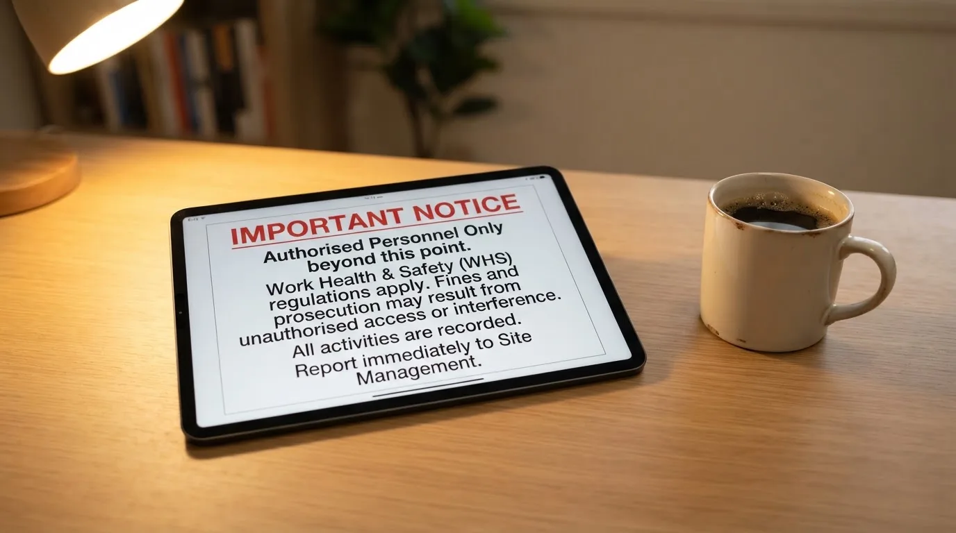 A tablet screen displaying an official regulator warning notice on a desk beside a coffee cup.