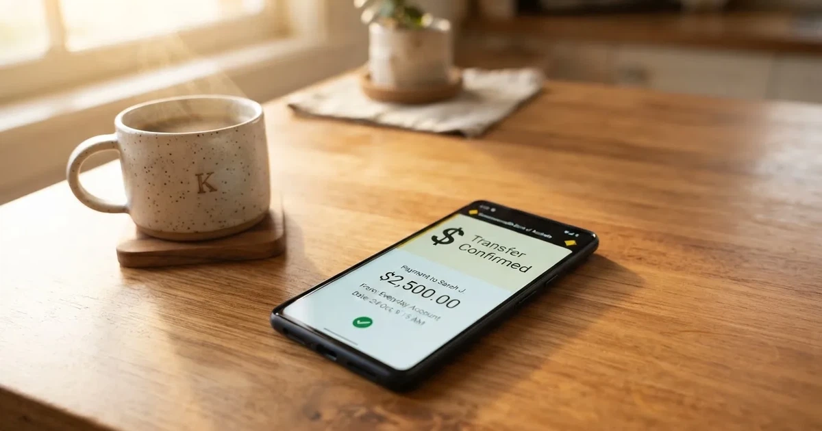 A close-up of a banking app on a smartphone showing a same-day transfer confirmation on a kitchen table.