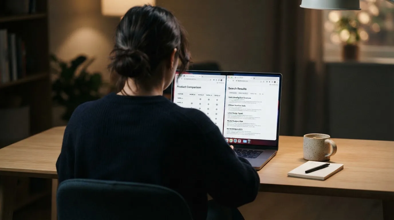 A laptop screen split between two browser tabs, one showing a comparison table and the other a search results page.