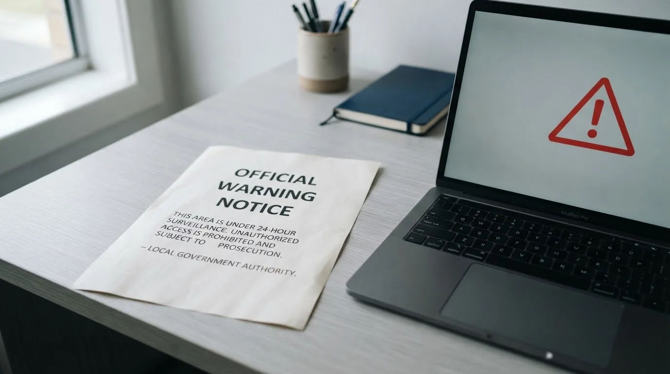 A printed government warning notice on a desk beside a laptop with a red alert icon on the screen.