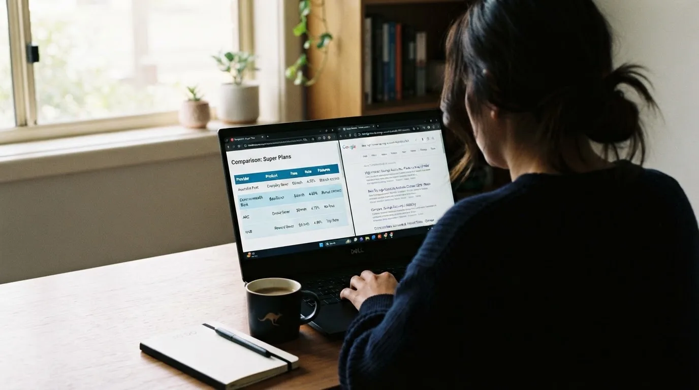 A laptop screen split between two browser tabs, one showing a comparison table and the other a search results page.
