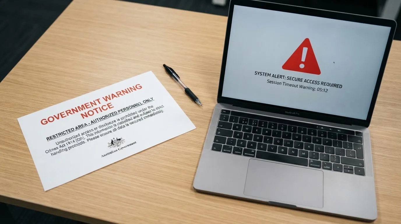 A printed government warning notice on a desk beside a laptop with a red alert icon on the screen.